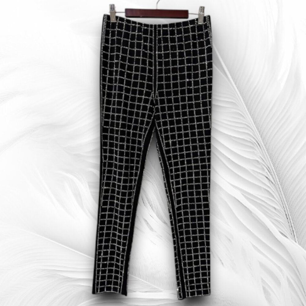 Black Rhinestone Grid Pants Women Slim Stretch Sparkle Party Y2K Club Clubwear - Picture 2 of 8